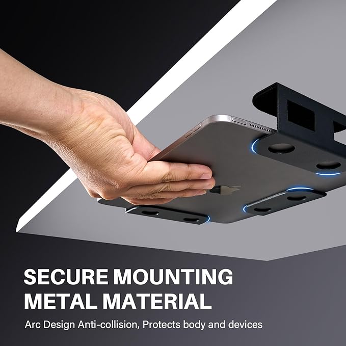 BYMECOST Under Desk Laptop Storage Mount, Metal Under Desk Device Holder, for Devices Up to 1.37" Thick, MacBook, Mini, Keyboard, Router, with Anti-Scratch Silicone (Black)