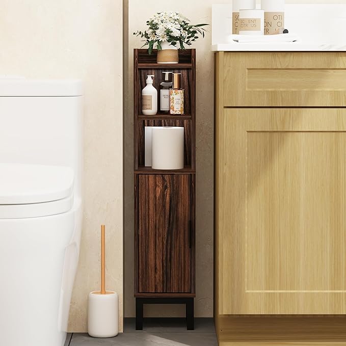 FerniTry Small Bathroom Storage Cabinet, Corner Floor Cabinet with Door and Shelves, Narrow Toilet Paper Cabinet, Bathroom Organizer with Adjustable Shelf, for Small Spaces (Walnut)