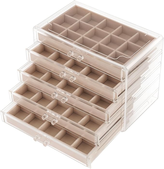 FEISCON Jewelry Box Organizer，Acrylic Storage Organizer with 5 Drawers Adjustable Velvet Trays grid size Jewelry Storage Box Clear Jewelry Organizer Gift for Women Girls (5 layer)