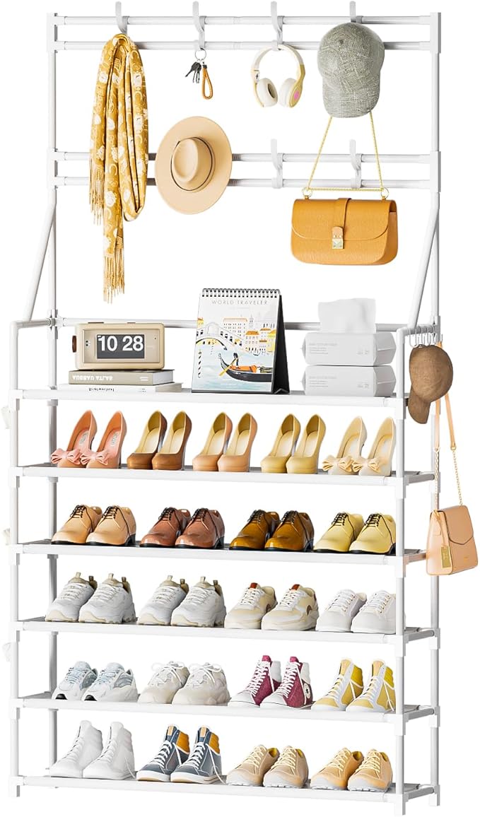 OYREL Shoe Rack 6 Tier Shoes Organizer 24-30 Pairs Shoe Racks for Closet Front Door Entrance Large Capacity Space Saving Shoe Storage Organizer with Multifunctional 5 Hooks and Side Pocket