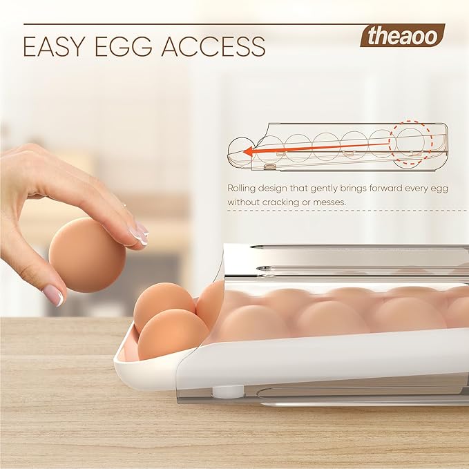 theaoo Egg Holder for Fridge, Automatic Rolling Egg Container for Refrigerator, Clear Plastic Egg Dispenser, Stackable Eggs Organizer with Quick Removable inner Tray For Organizers and Storage, 1 Pack
