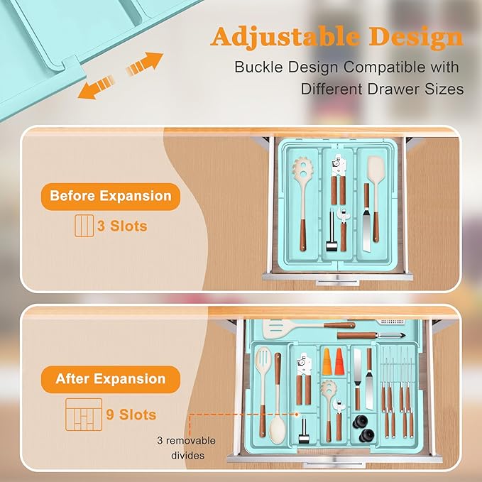 Utensil Drawer Organizer for Kitchen, Turquoise