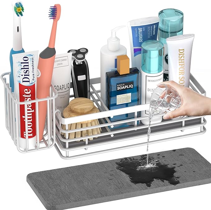 Yofidra Sponge Holder for Kitchen Sink Organizer Caddy: Sink Sponge with Instant Drying Stone, Metal Stainless Steel Basket Home Decor Storage and Organization Accessories 9.5" X 3.5" X 5.2" (White)