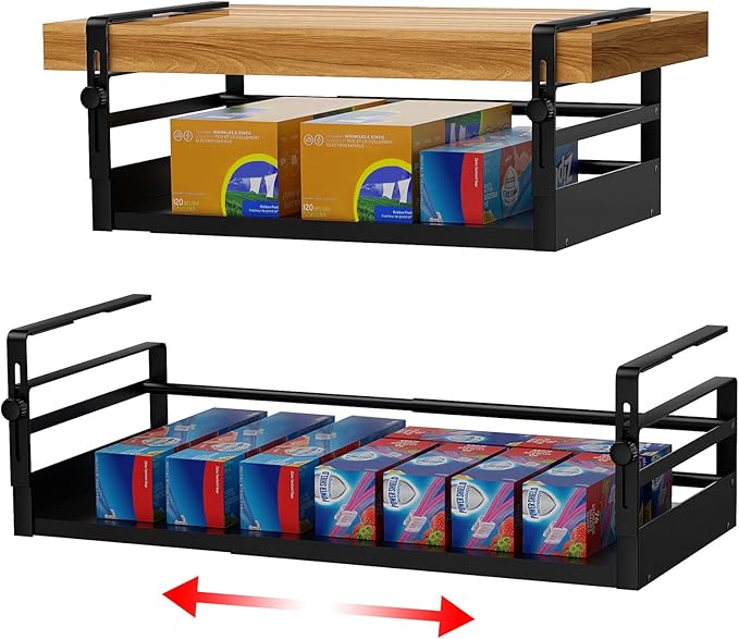 AmonHouseware 2Pack Under Shelf Basket Organizer, Adjustable Under Cabinet Shelf Storage, Hanging Holder Length Stretchable 13-21Inch for Kitchen Pantry Desk Counter Bookshelf Cupboard (Black)