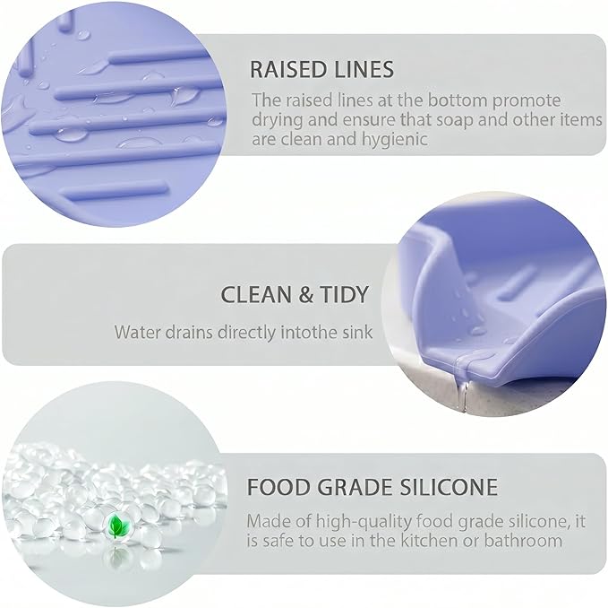 MicoYang Silicone Soap Dish with Drain Spout — Self-Draining Sink Organizer Tray for Bathroom & Kitchen, Holds Bar Soap, Sponges & Dispensers, Non-Slip & Dishwasher Safe,Light Purple(Small,4.9"×3.2")