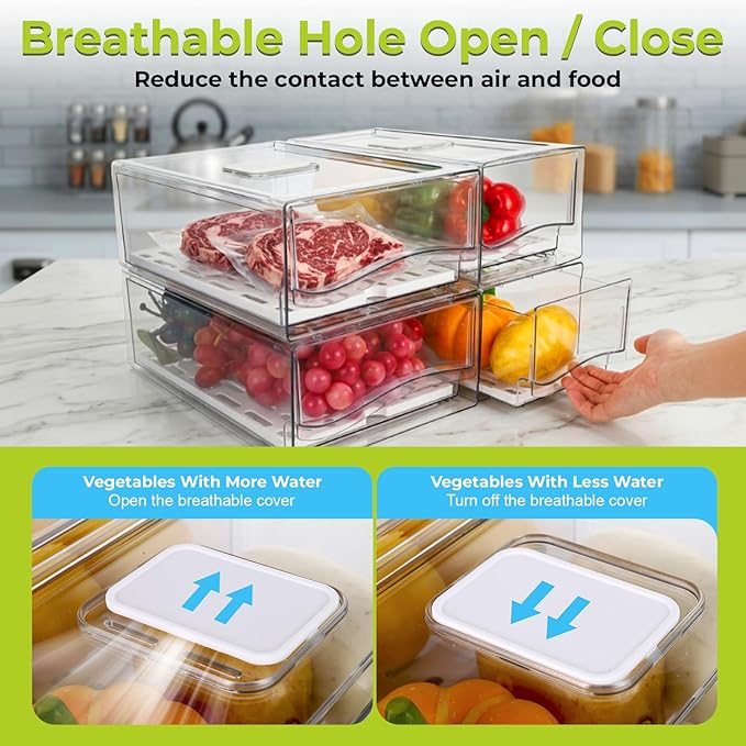 4Pack Fridge Organizer, Stackable Refrigerator Organizer Bins, Reusable Food Storage Containers, BPA-Free with Drain Tray for Bathroom, Kitchen, Refrigerator, Pantry (4 Drawers, Large, Medium)