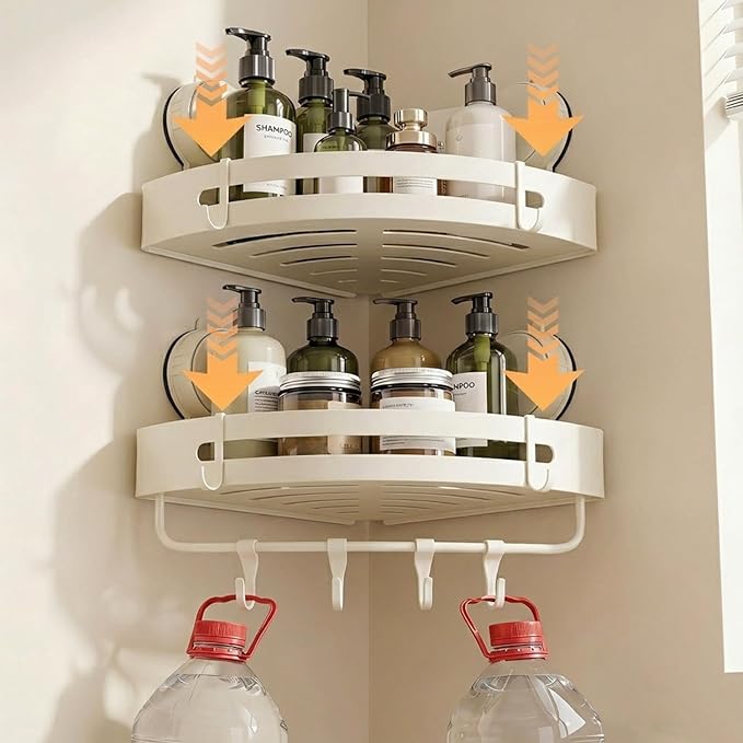 Suction Cup Shower Caddy(2-Pack Cream White),Single 1.77 Inches High No-Drilling Aluminum Bathroom Organizer with Towel Bar & Hooks,Moder wall Shower Shelf and Storage Decor