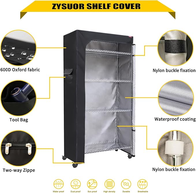 Waterproof Wire Shelf Cover – Dustproof Rack Cover with Two-Way Zipper, Fits 48" W x 18" D x 82" H Metal Shelving for Garage, Basement, Closet or Laundry Room (No Shelves,Black)