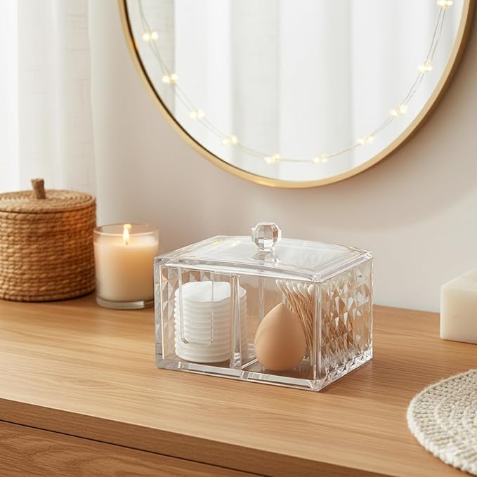 Cotton Swab Holder - Compact Bathroom Canister with Lid and 3 Compartments for Organizing Cotton Ball, Swab, Pad - Acrylic Bathroom Storage Jar Compatible with Q Tips