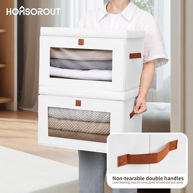 Homsorout Large Clothing Storage Bins - Collapsible Boxes with Handles & Window, Decorative Organizer Bins with Lids, Fabric Containers for Living Room, Dorm, 2 Pack, White