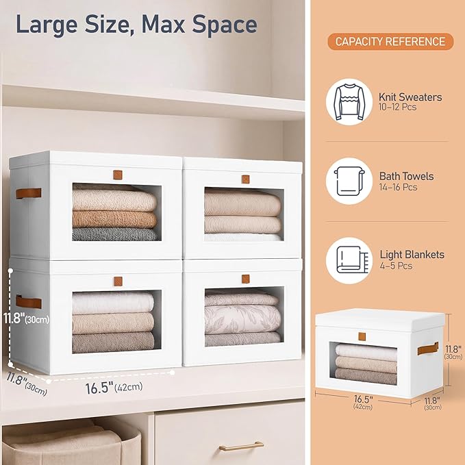 DIMJ Storage Bins with Lids - 4 Pack Front Opening Stackable Fabric Storage Boxes with Clear Window & Handles, Collapsible Closet Organizers for Clothes, Sweaters, Shelf Storage, Bedroom, White