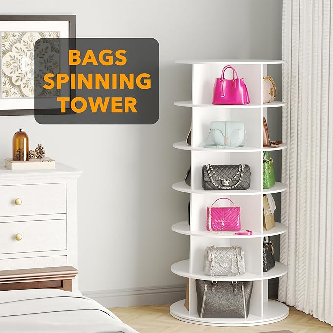 6 Tier Rotating Shoe Rack Tower, Spinning Shoe Display Lazy Susan, 6-Tier White