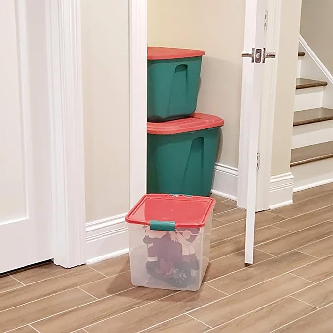 4-Pack Holiday Tote, Plastic Storage Organizer Bins with Lids, 31 Quart