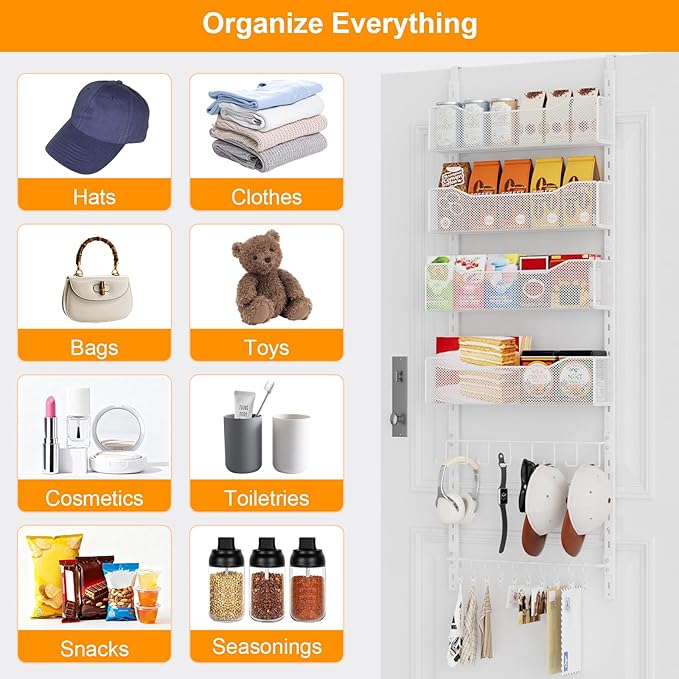 Over the Door Organizer, 2 in 1 Metal Hanging Closet Organizer & Hat Rack with 4 Adjustable Baskets, 8 Hooks, 10 Clips, Behind The Door Storage for Bedroom, Bathroom, Entrance, Closet, Kitchen, White