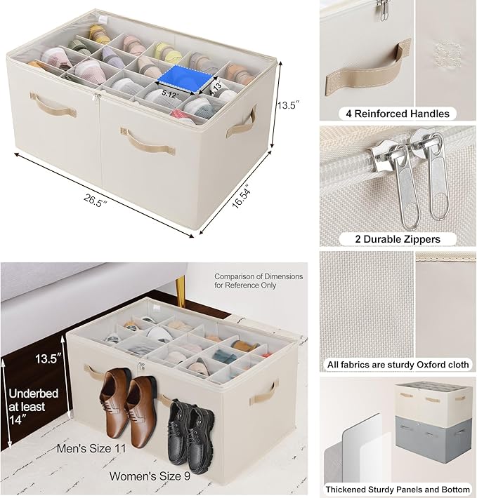 TOPIA HOME Shoe Organizer for Closet, Foldable Shoe Box with Adjustable Dividers and Clear Cover, Space Saving Shoe Storage Organizer Cabinet with Reinforced Handles, Fits 20 Pairs, Beige TP10Y