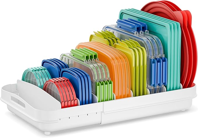 EVERIE Expandable Food Container Lid Organizer for Cabinet, Fits 12-Inch Deep or Deeper Cabinets , Adjustable 13.4" to 20.5", 8 Adjustable Dividers for lids , Drawer, Pantry and Kitchen Storage