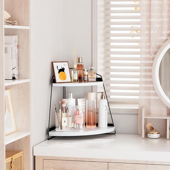 Puricon Bathroom Counter Organizer, 2 Tier Corner Countertop Storage Shelf Bathroom Sink Organizer, Wood Triangle Bathroom Organization for Skincare Kitchen Vanitity -White