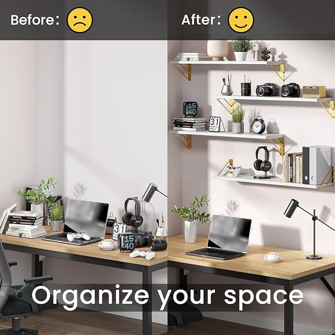 BAYKA Wall Shelves for Bedroom Decor, Floating Wall Shelf for Living Room Kitchen Storage, Mounted Rustic Wood Shelves for Kids Books, Corner Shelf for Bathroom(White and Gold，23in，Set of 4)