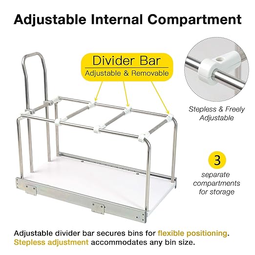 Adjustable Pull Out Trash Can for Kitchen Cabinet, Bottom-Mount Heavy-Duty Full-Extension Soft-Close Slides, 100 Lb Rated with Solid Bottom, Fits 18-Inch Base Cabinet