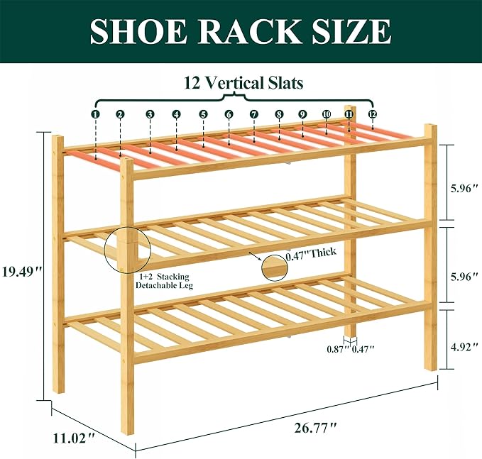 Smiry Bamboo Shoe Rack, 3 Tier Free Standing Wooden Shoe Organizer, Stackable Wood Shoe Storage Shelf for Closet, Entryway, 12 Vertical Slats, 2+1 Stack Standard Legs, 26.8"x11"x19.5", Natural
