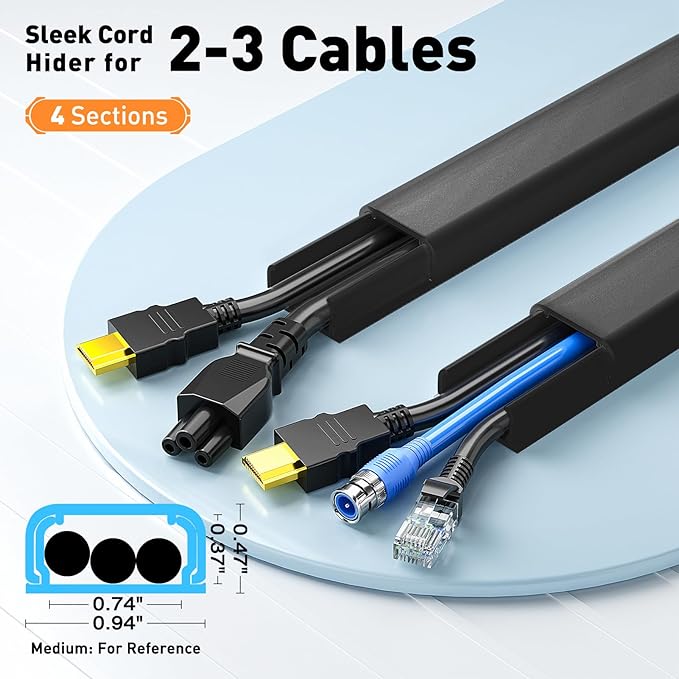 Delamu Black Cord Hider, 56.7in Black Cable Hider, Cord Covers for Wires on Wall, Wire Hider Wire Covers for 2-3 Cords on Wall, Easier Setup Cable Raceway Cable Management, 4X L14.2 W0.94 H0.47in