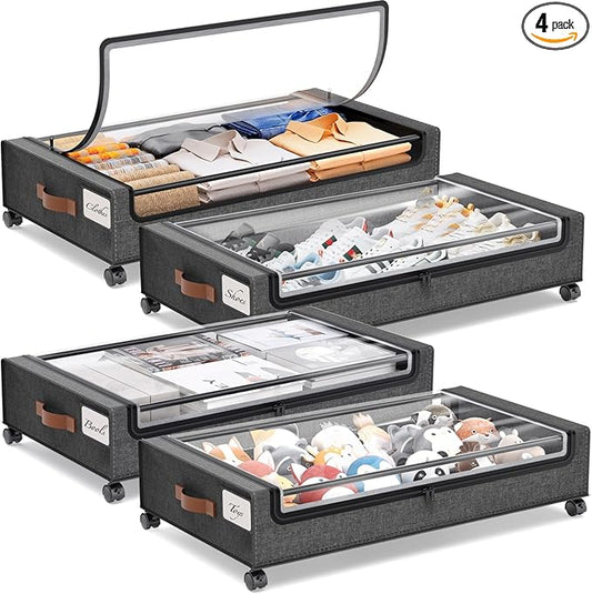 Yecaye Under Bed Storage with Wheels, 4 Pack Under Bed Rolling Storage with Clear Window & Label, 60 L Underbed Storage Containers, Rolling Under Bed Metal Drawer for Clothes, Shoes, Books