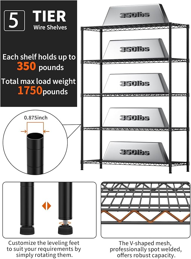 5 Tier Adjustable Storage Shelves Heavy Duty Metal Utility Shelf 1750LBS