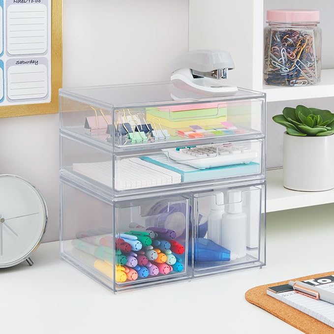 STORi Stackable Desk Organizer Drawers, Clear Pen Pencil Makeup Brush Holder for Desktops and Vanities, 4 Multi-size Drawers (Made in USA)