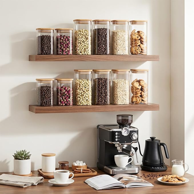 3-Pack 1.6Qt Square Glass Storage Jars with Bamboo Lids, Pantry Storage Containers for Neat Organization, Ideal for Minimalist Kitchen Organizer, Nut, Coffee Beans, Oats, Cookie, Candy, Flour
