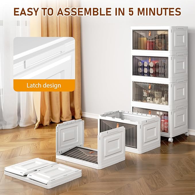 4 Tier Storage Bins with Lids, 23QT Stackable Closet Organizers and Storage with Wheels, Collapsible Storage Boxes, Foldable Plastic Storage Containers for Home,Office, Dorm Room-White