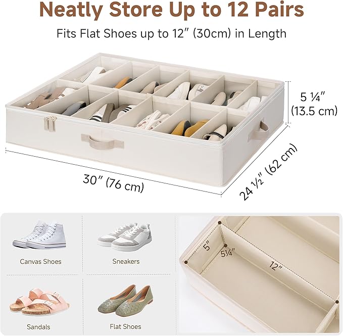 StorageWorks Underbed Shoe Storage Organizer for Closet, 2-Pack Fabric Under Bed Shoe Organizer with Adjustable Dividers, Fits up to 24 Pairs, Beige(Cottlyn Fabric)