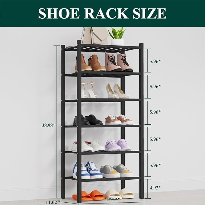 Smiry Small Bamboo Shoe Rack, 6 Tier Free Standing Wooden Shoe Organizer, Stackable Wood Shoe Storage Shelf for Closet, Entryway, 14 Vertical Slats, 2+2+2 Stack Thicker Legs, 17.3"x11"x39", Black