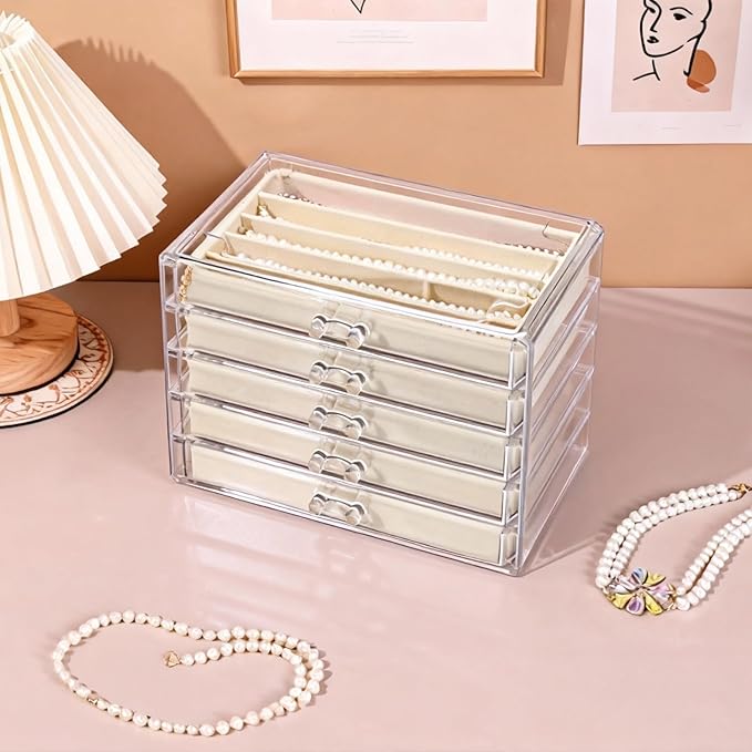 5 Drawers Necklace Organizer Storage, Tray with Clear Lid, Dustproof Velvet Necklaces Holder Storage Display Case, Necklace Tray Drawer Insert for Pendant Suitable for Women and Girls (25 grids)