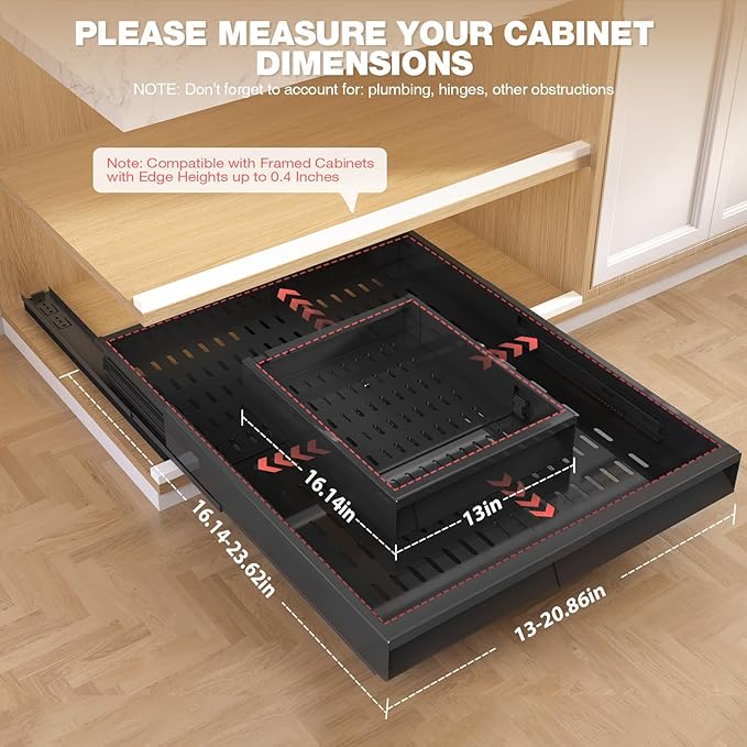 Seinloes Pull Out Cabinet Organizer, 4-Side Expandable to Fit Most Cabinets, 3 Rail Slide Out Drawers with Raising Pad for Framed & Frameless Cabinets, 13"-21" W x 17"-24" D, Black, 4 Pack