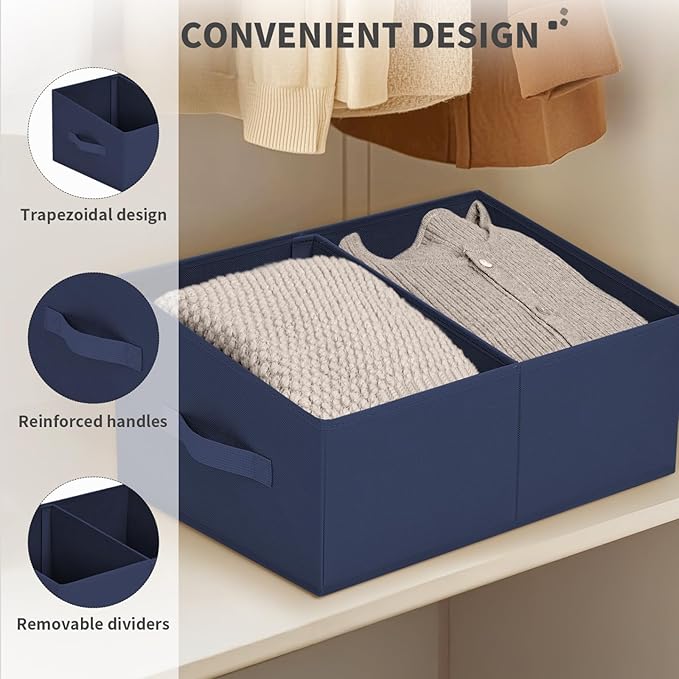 Large Closet Shelf Organizer Bins 4 Packs with Handles and Divider, Navy Blue