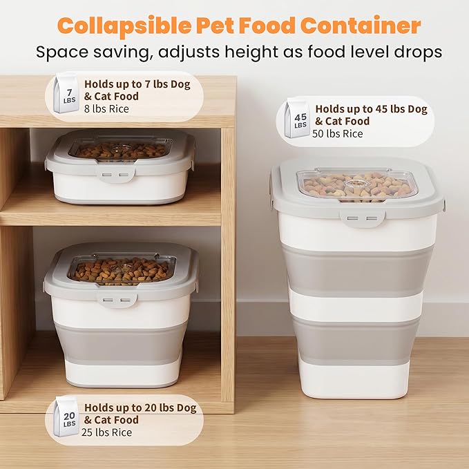 40 Lbs Dog Food Storage Container with Wheels, Collapsible Pet Food Storage Container with Clear Window, 2 Measuring Cups and Scoop, BPA Free Cat Food Container for Rice, Flour, Grain, Bird Seed
