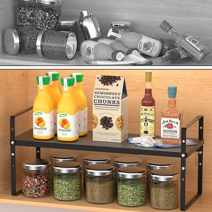 Jojocross Expandable Stackable Spice Rack Cabinet Shelf Organizer in Cabinets Shelves Kitchen Cupboard Organization Stack up Racks Pantry Countertop Storage Large/Black 1 Pack