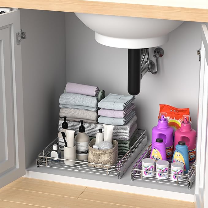 ZOINLIY Pull Out Cabinet Organizer, Versatile Slide Out Kitchen Organizers and Storage,Heavy Duty Drawer Cupboard Storage Basket, Smooth Sliding, Chrome Finish (26.8 * 21inch)