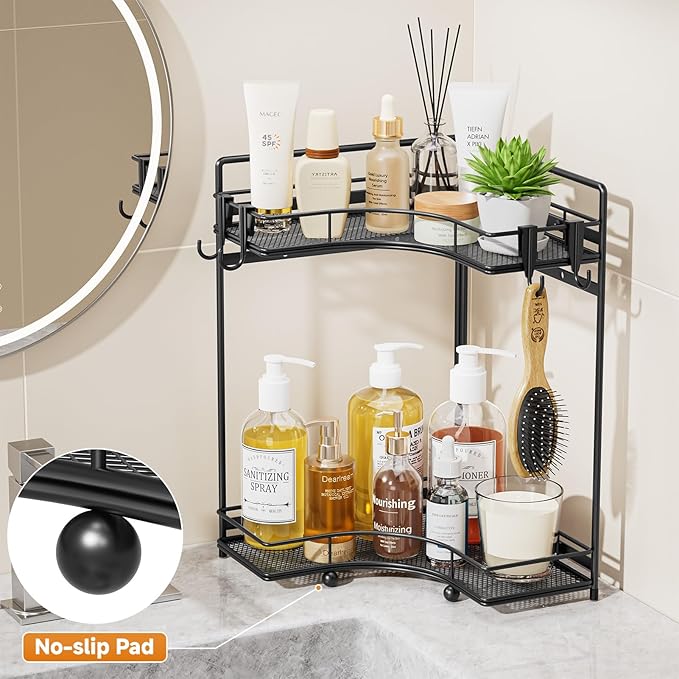 VITVITI 2-Tier Corner Bathroom Counter Organizer, Bathroom Countertop Organizer Storage for Sink, Metal Mesh Makeup Organizer for Vanity Countertop Kitchen with Hooks, Black
