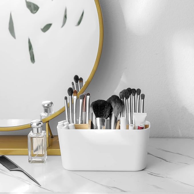 Toothbrush Holders for Bathrooms, Bamboo Tooth Brush Holder with 5 Slots Bathroom Vanity Organizer Countertop for Electric Toothbrushes, Toothpaste, Razors - White