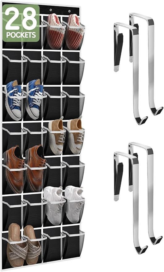 Kotkn 28 Compartment Over the Door Shoe Organizer, Breathable Mesh Large Shoe Rack for Closet Storage, Space Saving Hanging Shoe Holder with Reinforced Hooks (Fits Men & Women,Black-01)