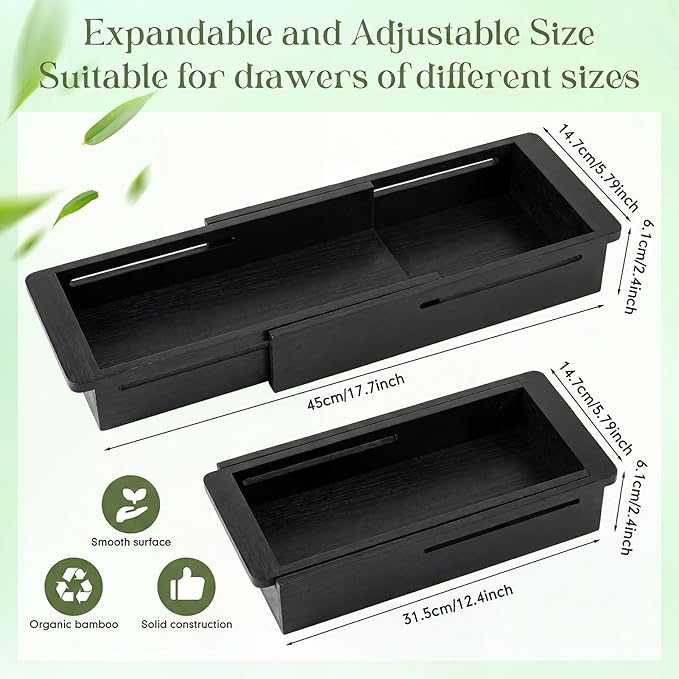 LemonRoad 1 Pcs Sliding Drawer Organizer Bin Bamboo Drawer Expandable Bins Utensil Organizer for Kitchen Spoons Forks Knives (Black)