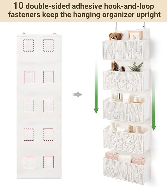 Dahey Over The Door Organizer Macrame Boho Nursery Storage Decor with 5 Large Woven Pockets Closet Behind Hanging Organizer for Bedroom Nursery Bathroom Apartments Dorm Pantry Decoration,White