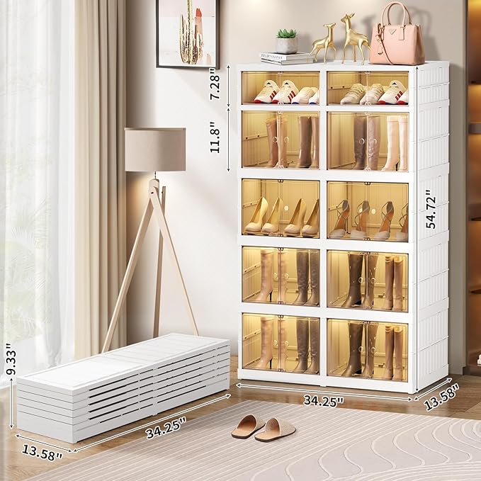 CIMLORD 5-Tier Foldable Shoe Rack Organizer for Closet 20Pairs Plastic Collapsible Shoes Storage Box Clear Shoe Boxes Stackable with Door Easy Assembly Shoe Cabinet Bins with Lids Large