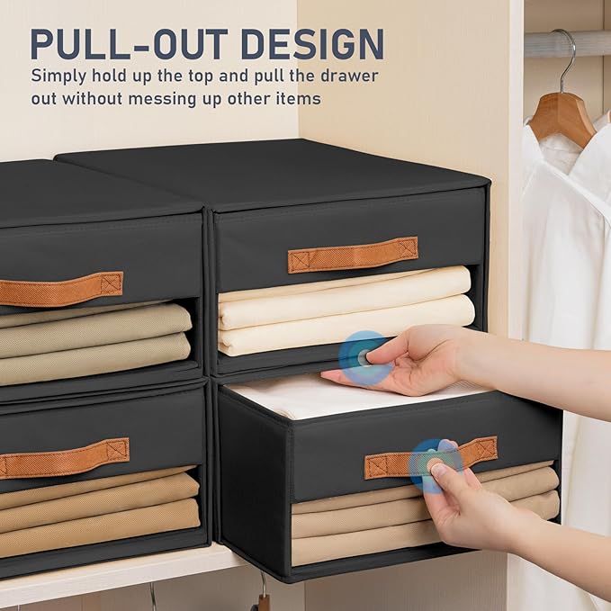 DIMJ Closet Organizers and Storage - Foldable Storage Bins with Drawers Fabric Stackable Storage Drawers with Clear Window,Fabric Clothes Organizers and Storage Drawers for Closet, 4-Pack, Black