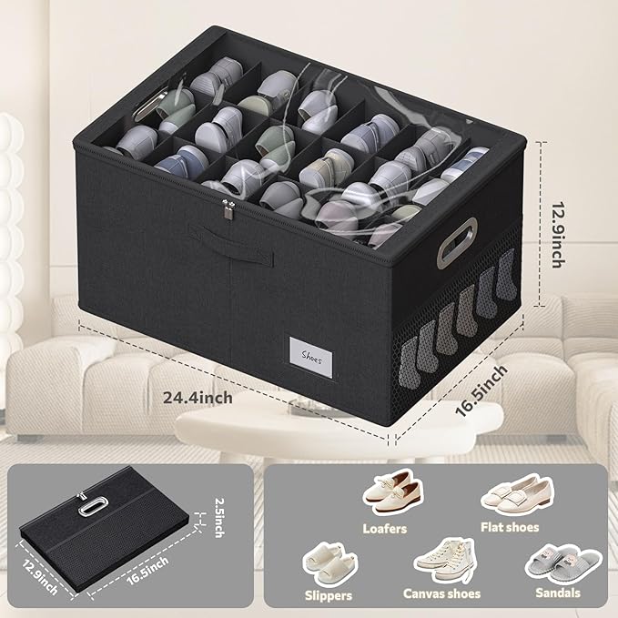 Shoe Organizer for Closet, Shoe Box Storage Containers Fit 18 Pairs Foldable Shoe Storage Bins with Clear Cover & Adjustable Dividers for Shoes Blankets Linen Clothing (Black, (24.4*16.5*12.9)x1)