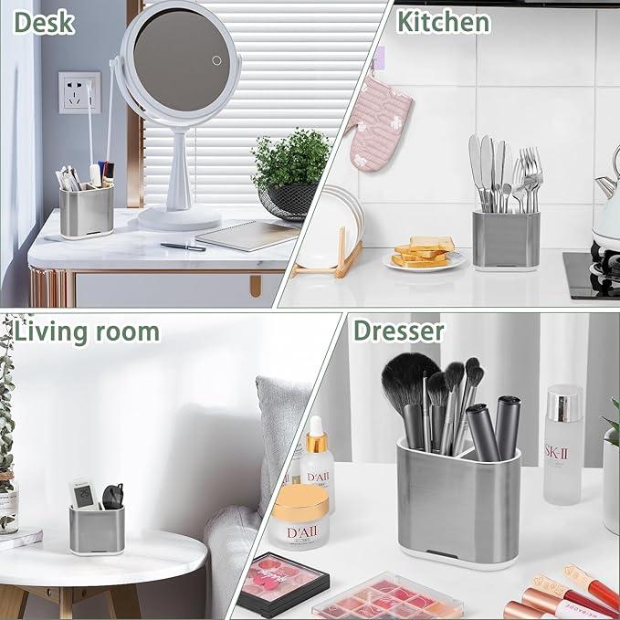 Toothbrush and Toothpaste Holder with Divider for Bathroom Countertop Organizer, 2 Slots Electric Toothbrush Holders Storage Caddy Drainage for Family, Kids (Brushed Silver)