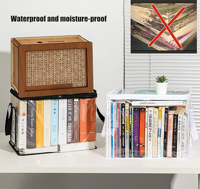 2PCS Clear Book Storage Bag Plastic Comic Books Organizer Collapsible Book Display Case with Lid and Lifting Handle suitable for books and toys,Size38x24x32cm/15x9x13inches