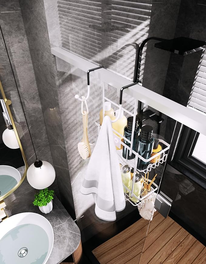 Hanging Shower Caddy Over the Door with Soap Holder, White