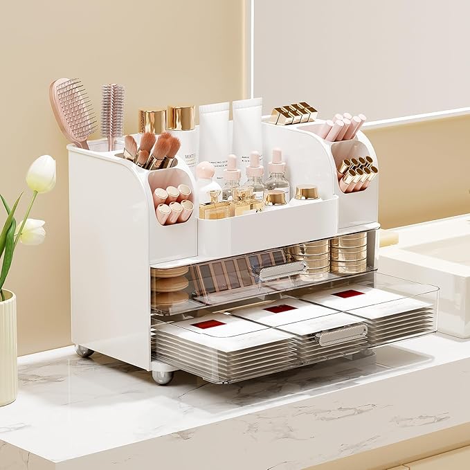 Makeup Organizer for Vanity with 2 Large Drawers, White